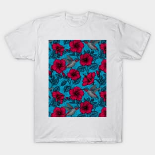 Red hibiscus and hummingbirds, tropical garden on light blue T-Shirt